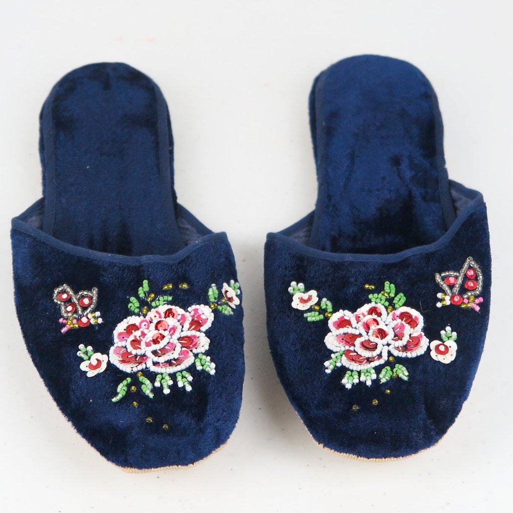 Handmade Embroidered Floral Chinese Women's Velvet Slippers Blue Red Black New