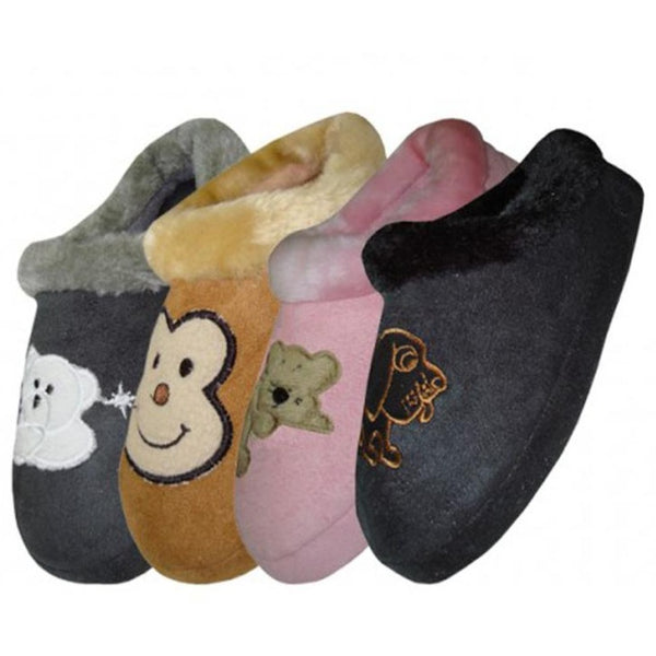 Children's Animal Embroidered Print Fur Cuff Comfy House Slippers TPR Sole - New