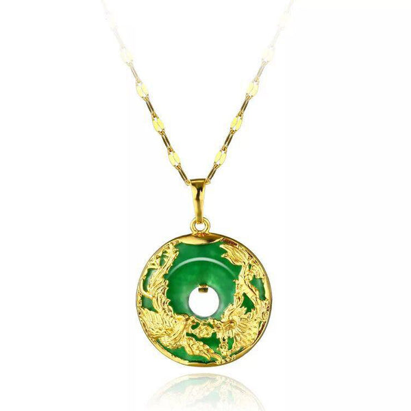 24K Gold Plated Dragon Phoenix Pendant Malaysia Jade Jewelry Chain Necklace 1"